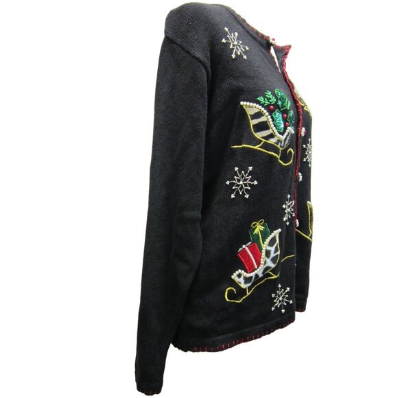 Vintage B P Design Christmas Embroidered Black Cardigan‎ Sweater Size S - Picture 2 of 10